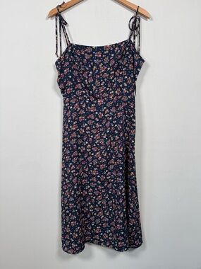 Navy Floral Tie-Strap Midi Dress, Size L, Excellent Condition